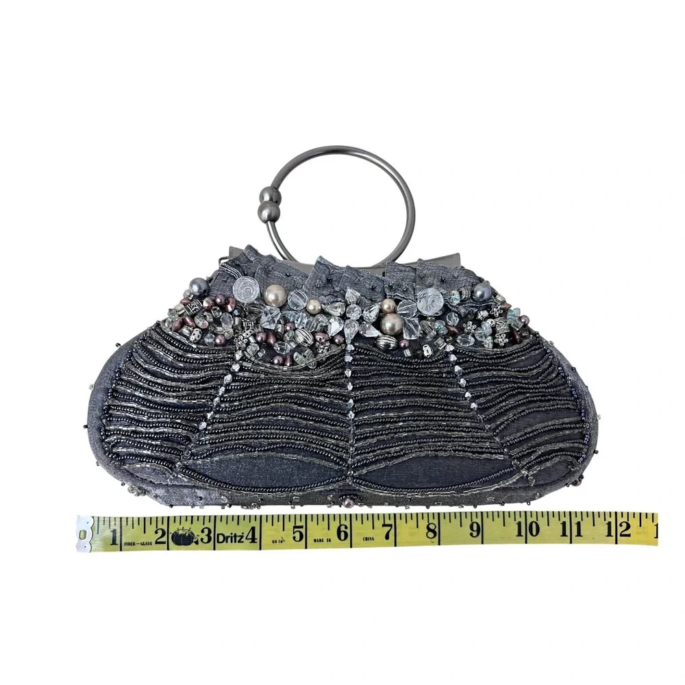 Mary Frances Beaded Evening Clutch Women OS Silver‎ Excellent Pearl Crystal Bag